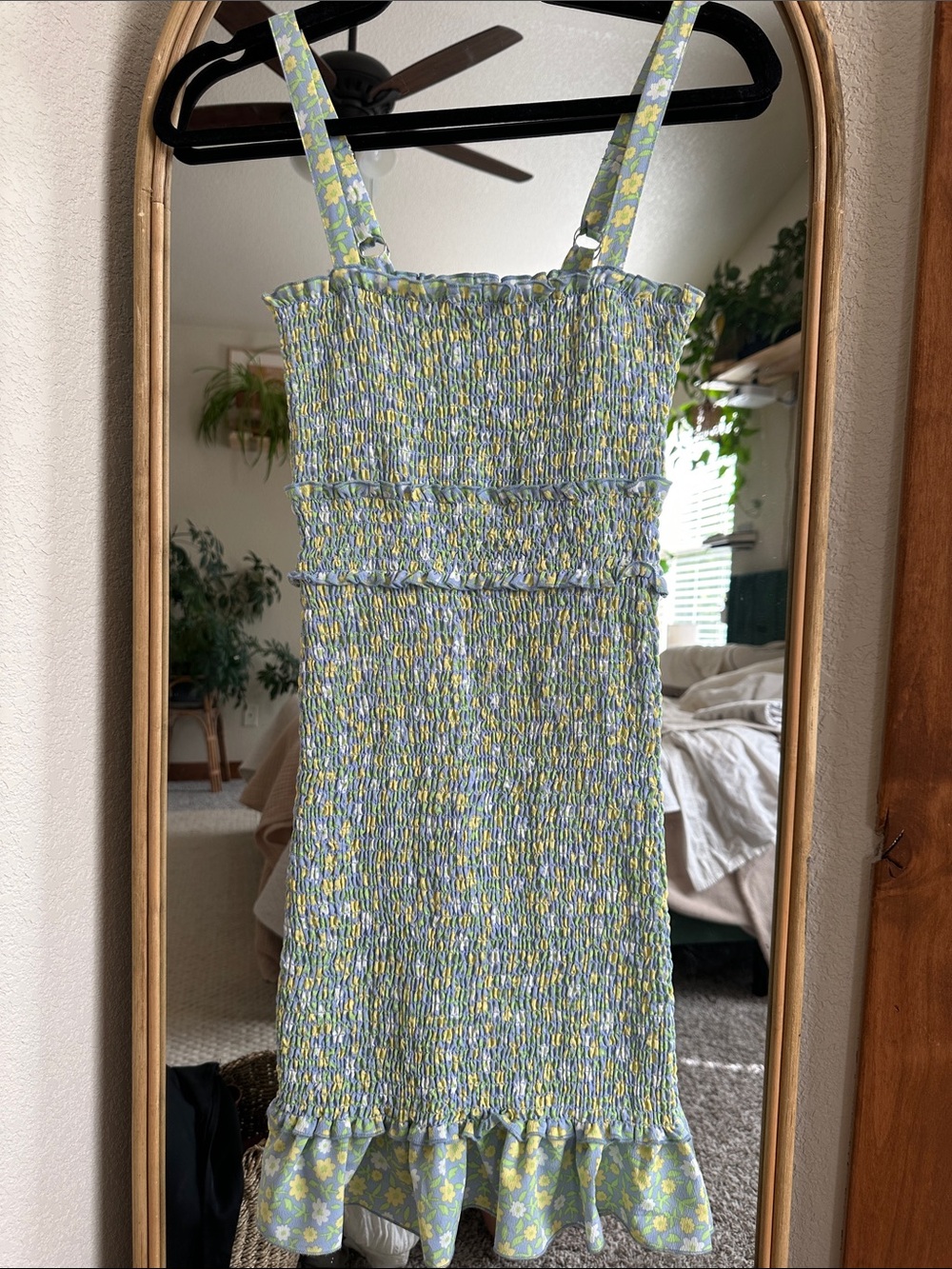 Floral Ruffle Mini Dress in Light Blue and Yellow